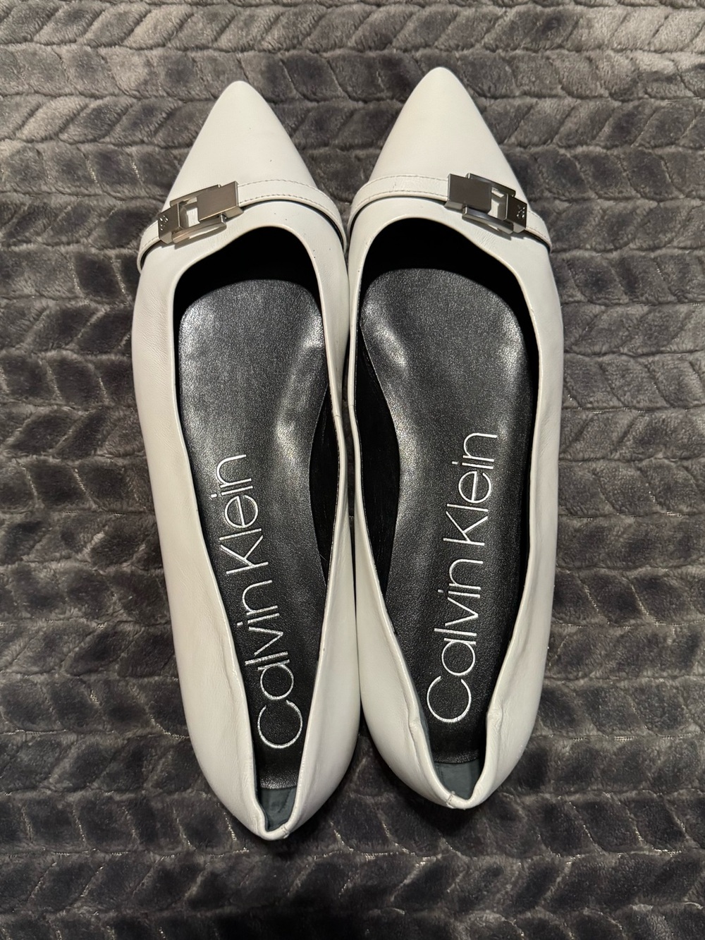 Calvin Klein White Pointed Toe Flats with Silver Buckle - Size 11M